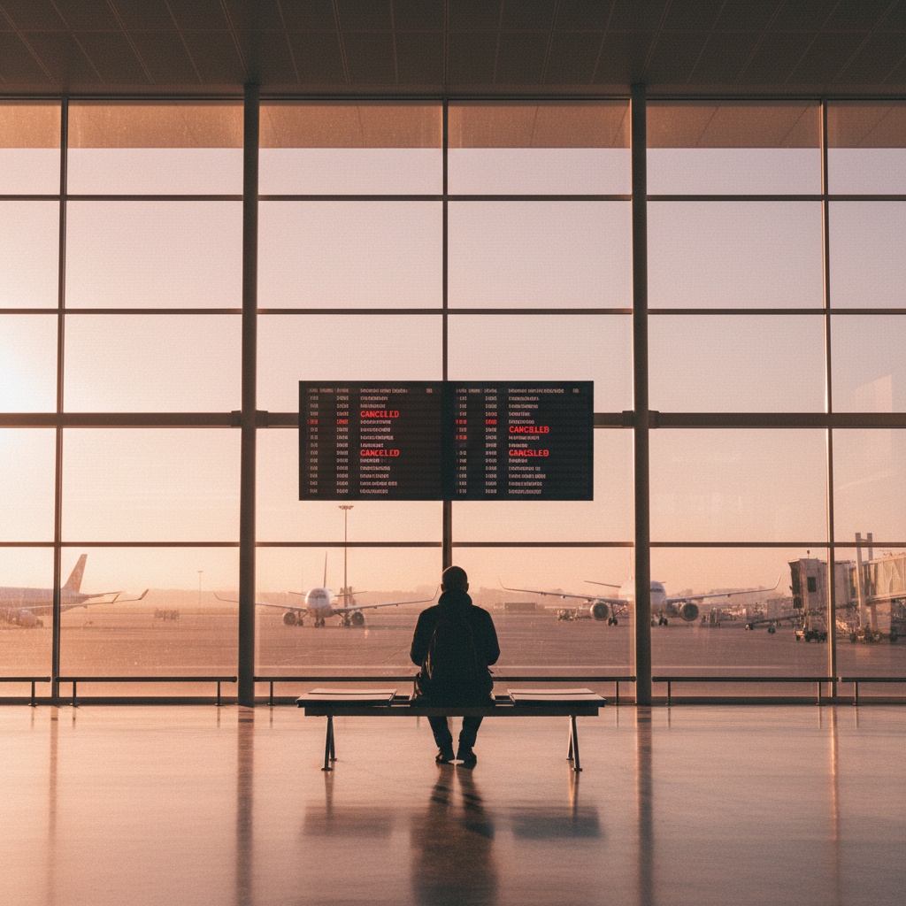 Passager à la porte d'embarquement regardant le tableau avec vols annulés