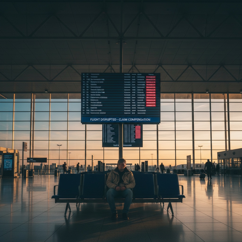 Passager à la porte d'embarquement regardant le tableau avec vols annulés